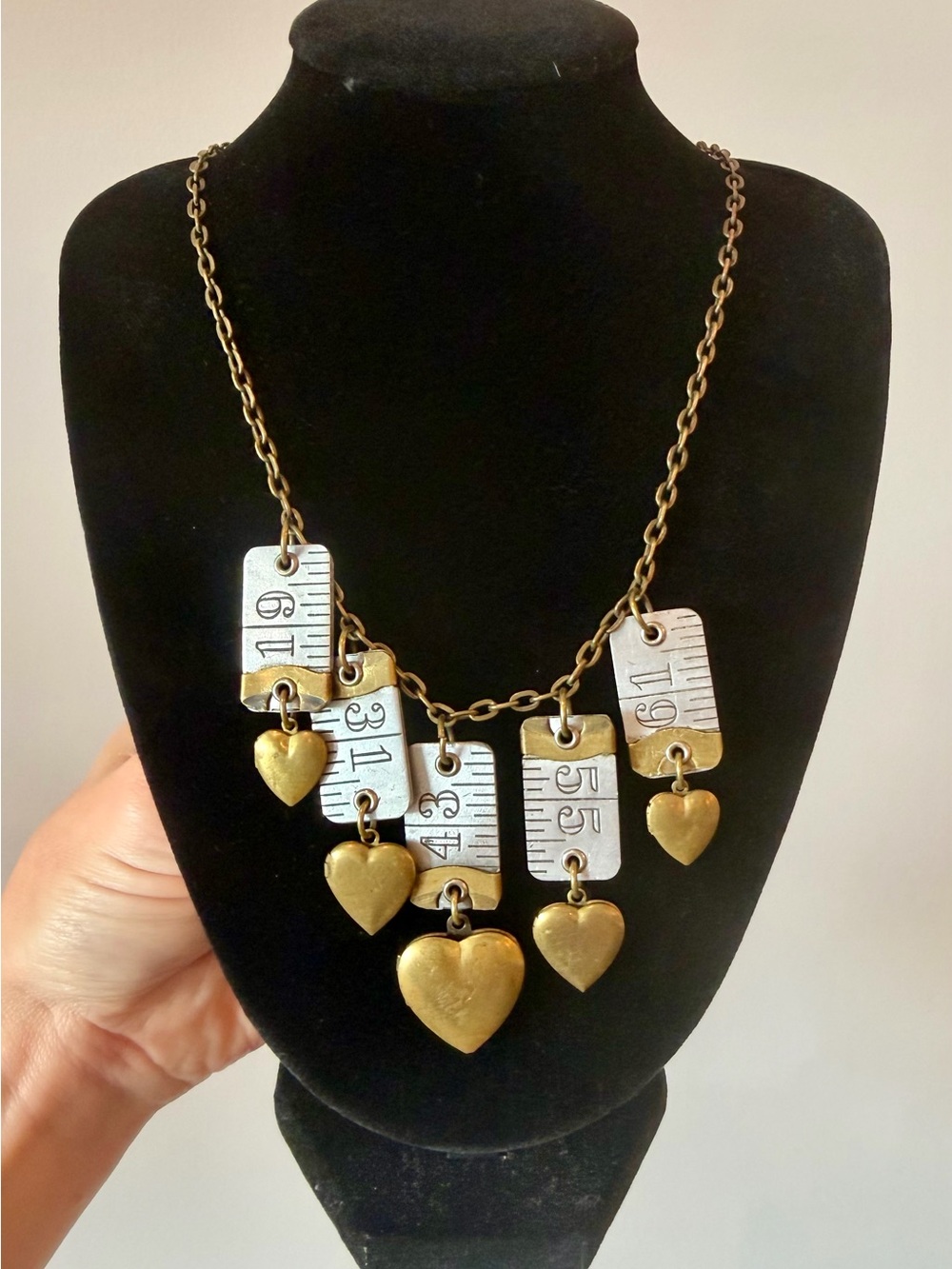 Vintage-Inspired Gold Heart & Silver Tag Statement Necklace - 18” Length